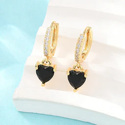  Aro Argolla Con Circones y Corazón Negro | Baño de oro 18k