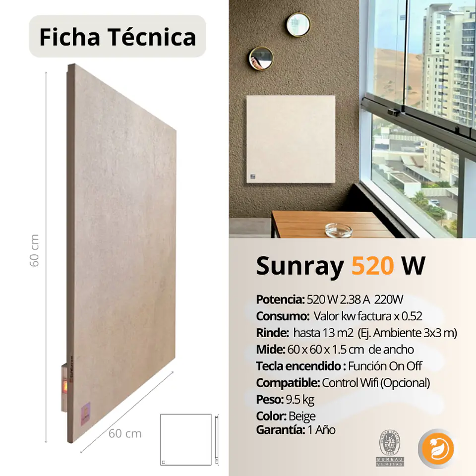 Panel Calefactor Cerámico SUNRAY 520 W – Wi-Fi – Bajo Consumo 6