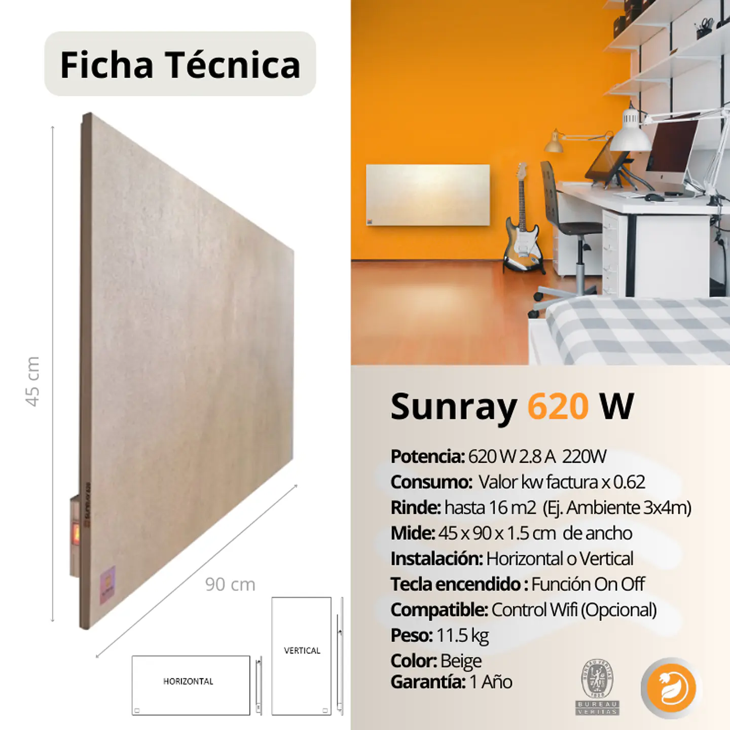Panel Calefactor Cerámico SUNRAY 620 W – Wi-Fi – Alta Potencia 12