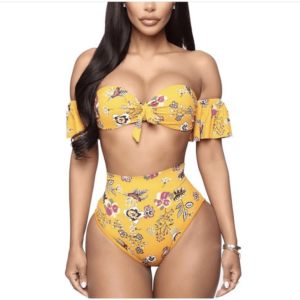 Bikini amarillo tiro alto y mangas