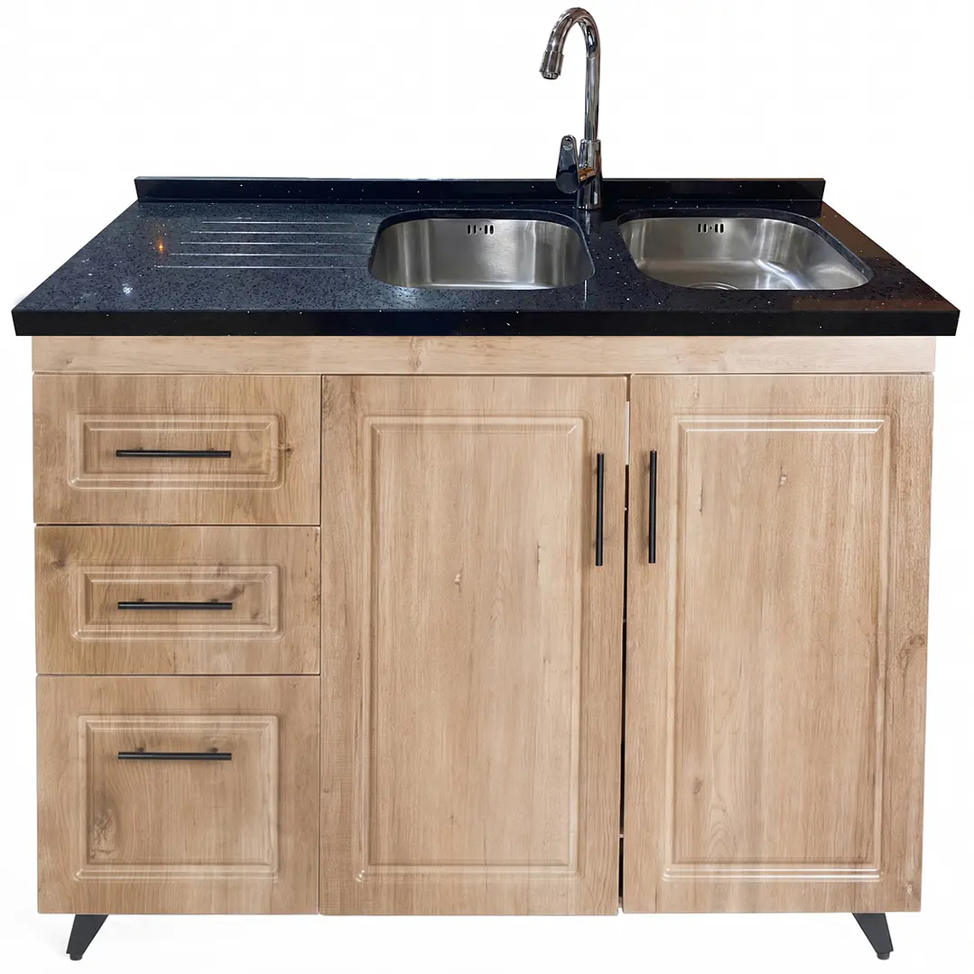 Mueble Lavaplatos Doble Nogal Izquierdo con Cubierta de Cuarzo 120x52x90 cm 2