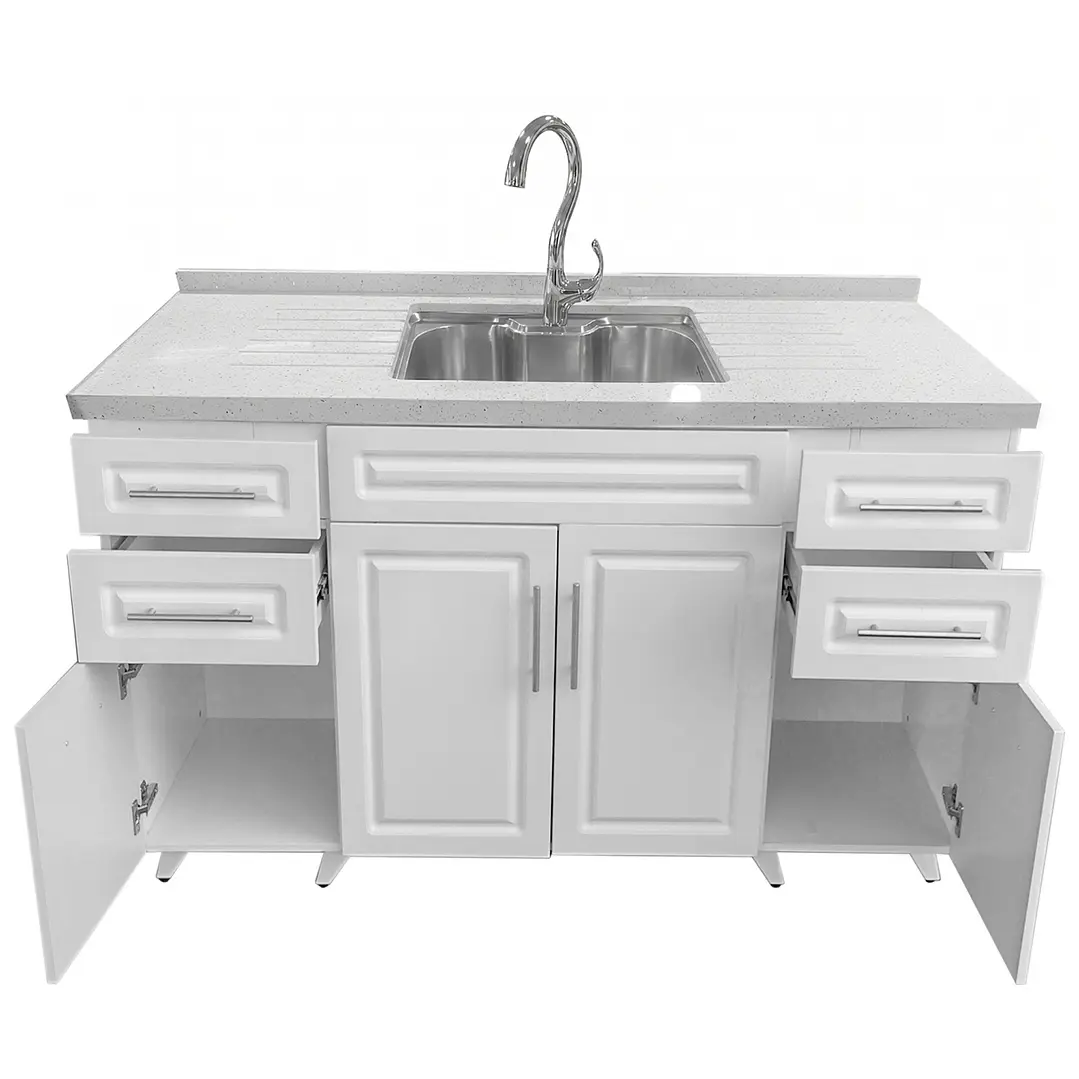 Mueble Lavaplatos Riñón Blanco con Cubierta de Cuarzo Lavaplatos 150x52x90 cm 4
