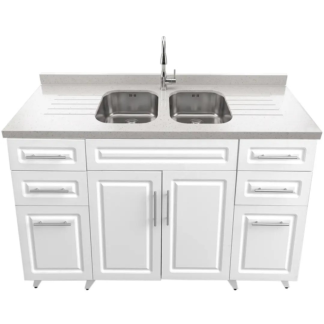 Mueble Lavaplatos Doble Blanco con Cubierta de Cuarzo Lavaplatos 150x52x90 cm 2
