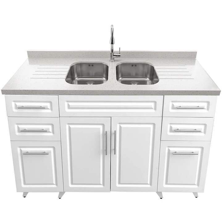 Mueble Lavaplatos Doble Blanco con Cubierta de Cuarzo Lavaplatos 150x52x90 cm 2