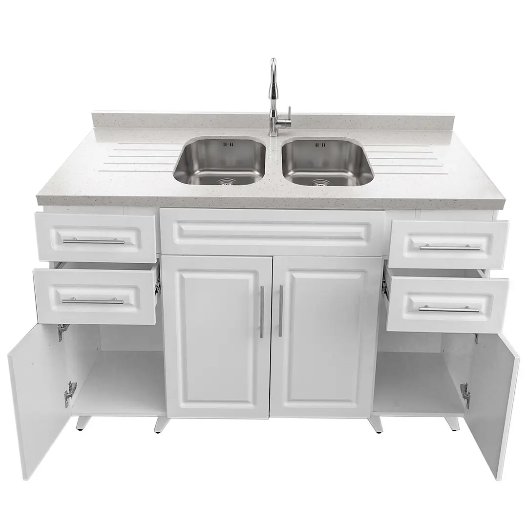 Mueble Lavaplatos Doble Blanco con Cubierta de Cuarzo Lavaplatos 150x52x90 cm 4