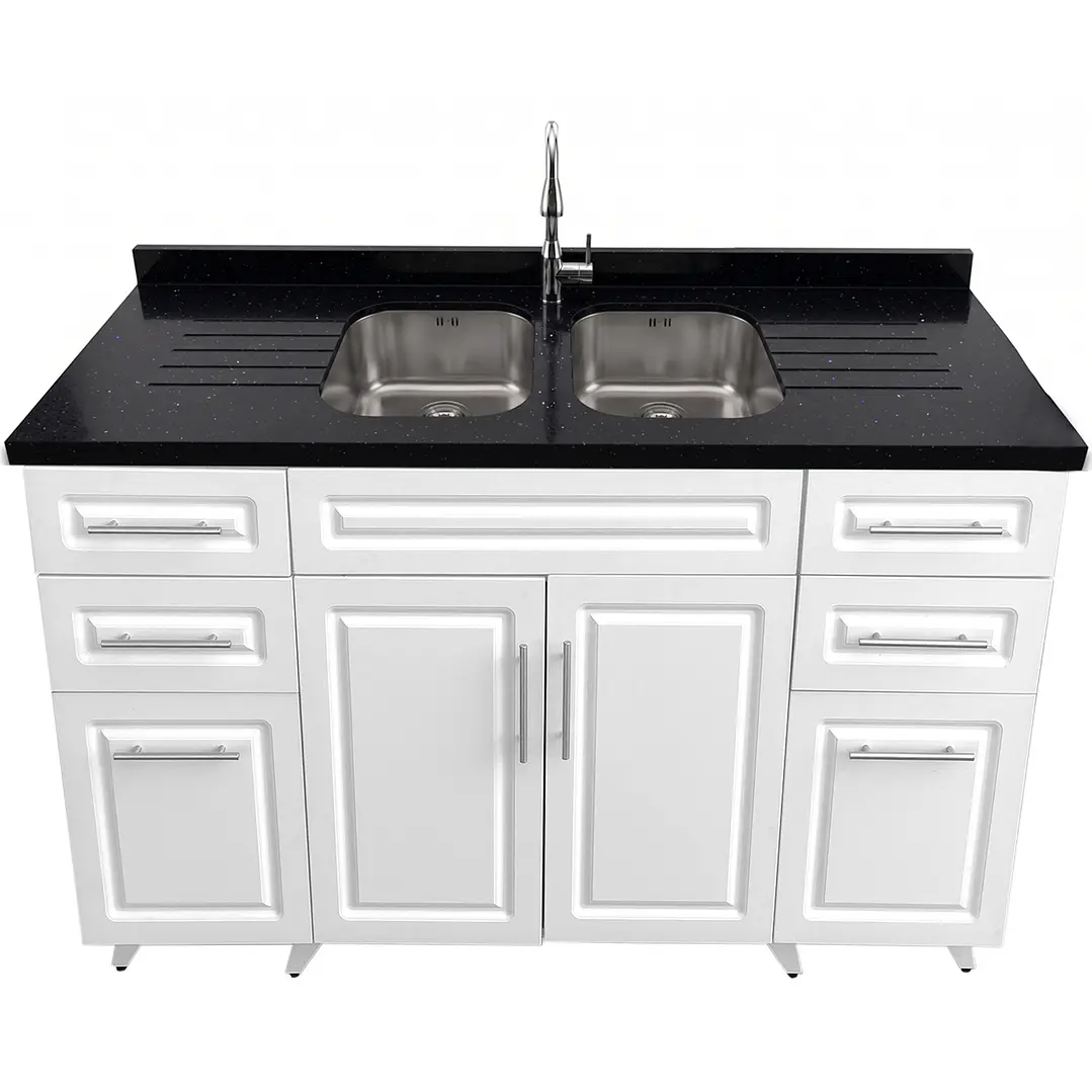Mueble Lavaplatos Doble Blanco con Cubierta de Cuarzo Lavaplatos 150x52x90 cm 1