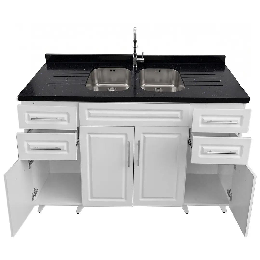 Mueble Lavaplatos Doble Blanco con Cubierta de Cuarzo Lavaplatos 150x52x90 cm 3