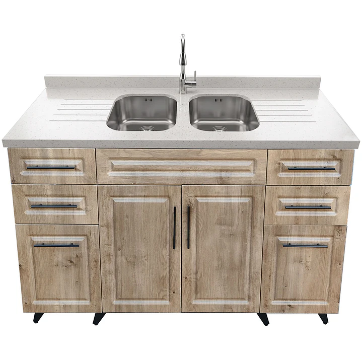 Mueble Lavaplatos Doble Nogal con Cubierta de Cuarzo Lavaplatos 150x52x90 cm 1