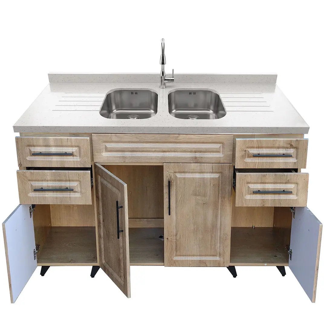 Mueble Lavaplatos Doble Nogal con Cubierta de Cuarzo Lavaplatos 150x52x90 cm 2