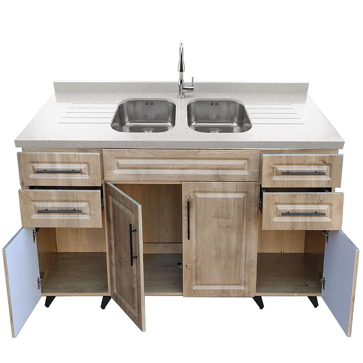 Mueble Lavaplatos Doble Nogal con Cubierta de Cuarzo Lavaplatos 150x52x90 cm 2