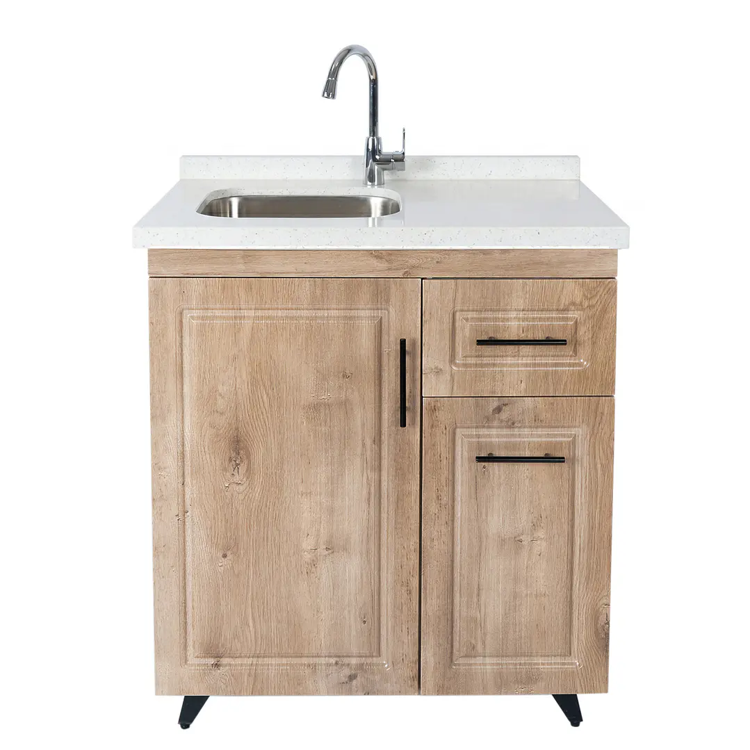 Mueble Lavaplatos Nogal Derecho con Cubierta de Cuarzo 80x52x90 cm  1
