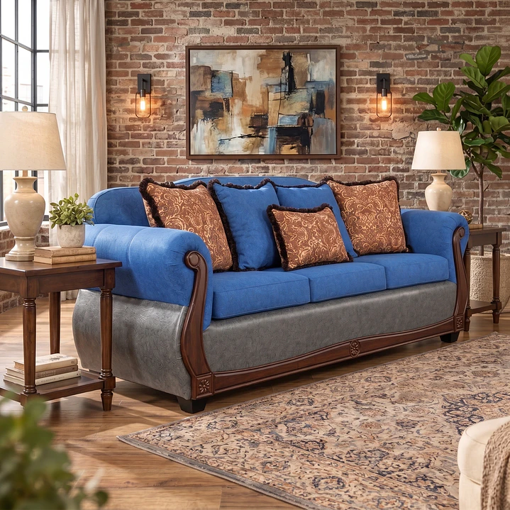 Sofá 3 Cuerpos Charleston Tela Azul con PU envejecido Gris 3
