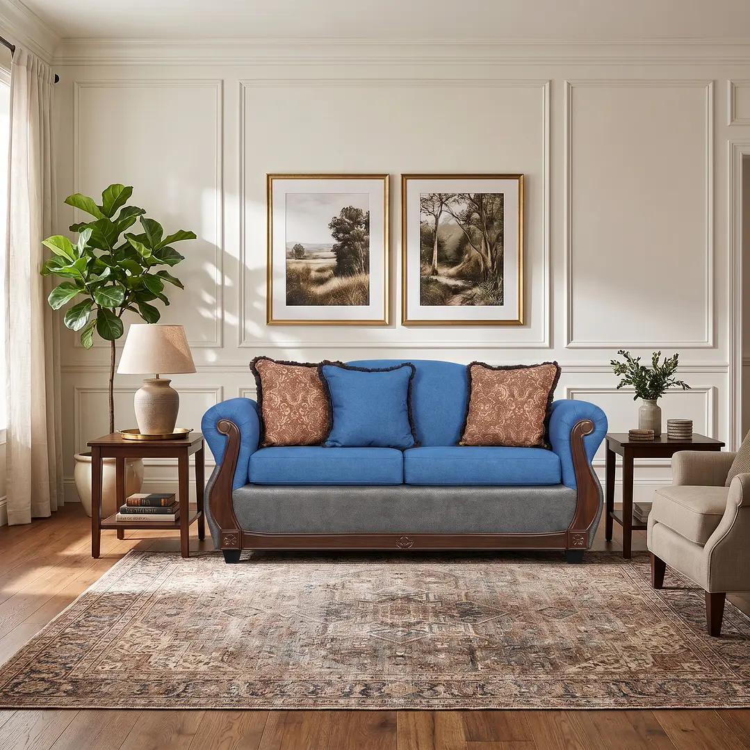 Sofá 2 Cuerpos Charleston Tela Azul con PU envejecido Gris 4