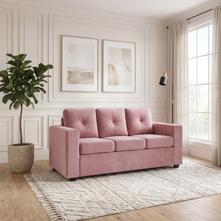 Sofá 3 Cuerpos Hudson Tela Felpa Rosa 4