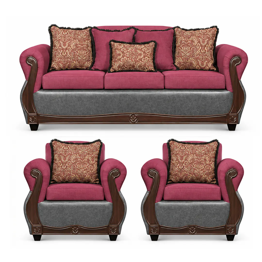 Juego de Living Charleston Tela Fucsia con PU envejecido Gris 3-1-1 1