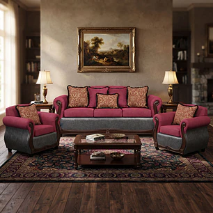 Juego de Living Charleston Tela Fucsia con PU envejecido Gris 3-1-1