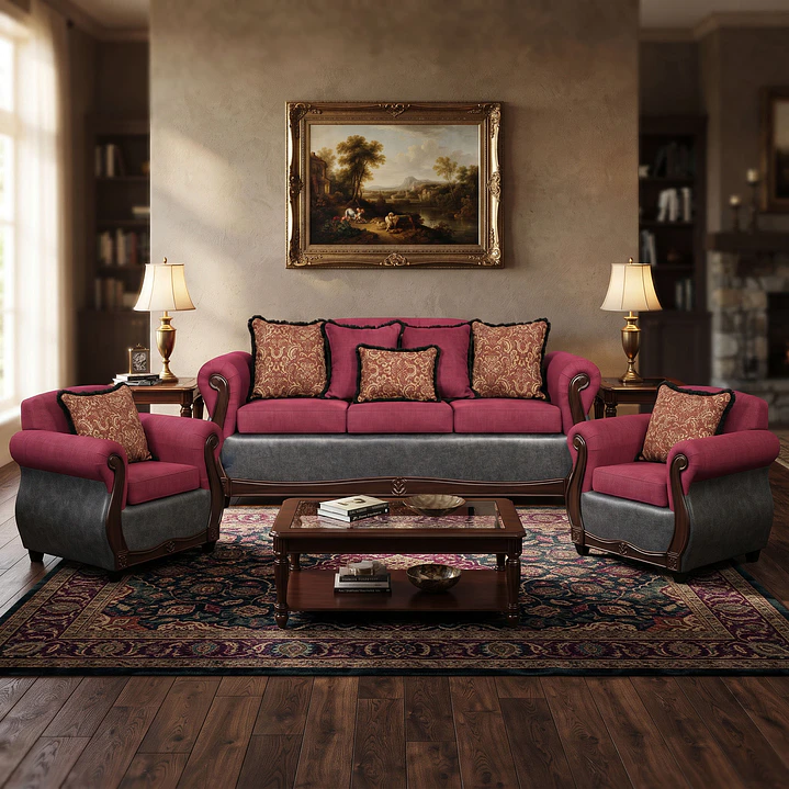 Juego de Living Charleston Tela Fucsia con PU envejecido Gris 3-1-1 2