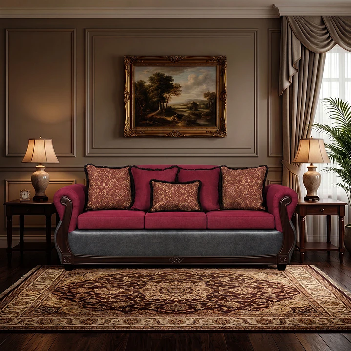 Juego de Living Charleston Tela Fucsia con PU envejecido Gris 3-1-1 5