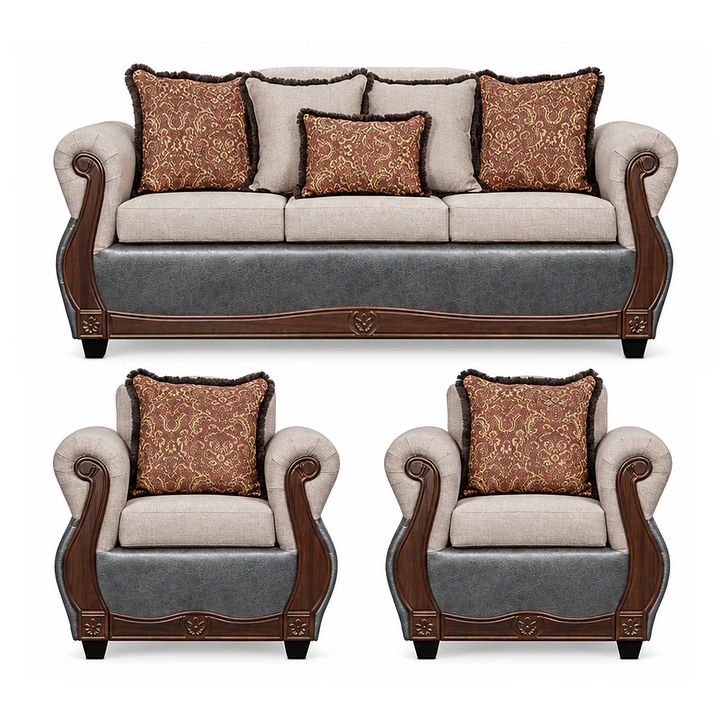 Juego de Living Charleston Tela Gris Claro con PU envejecido Gris 3-1-1 1