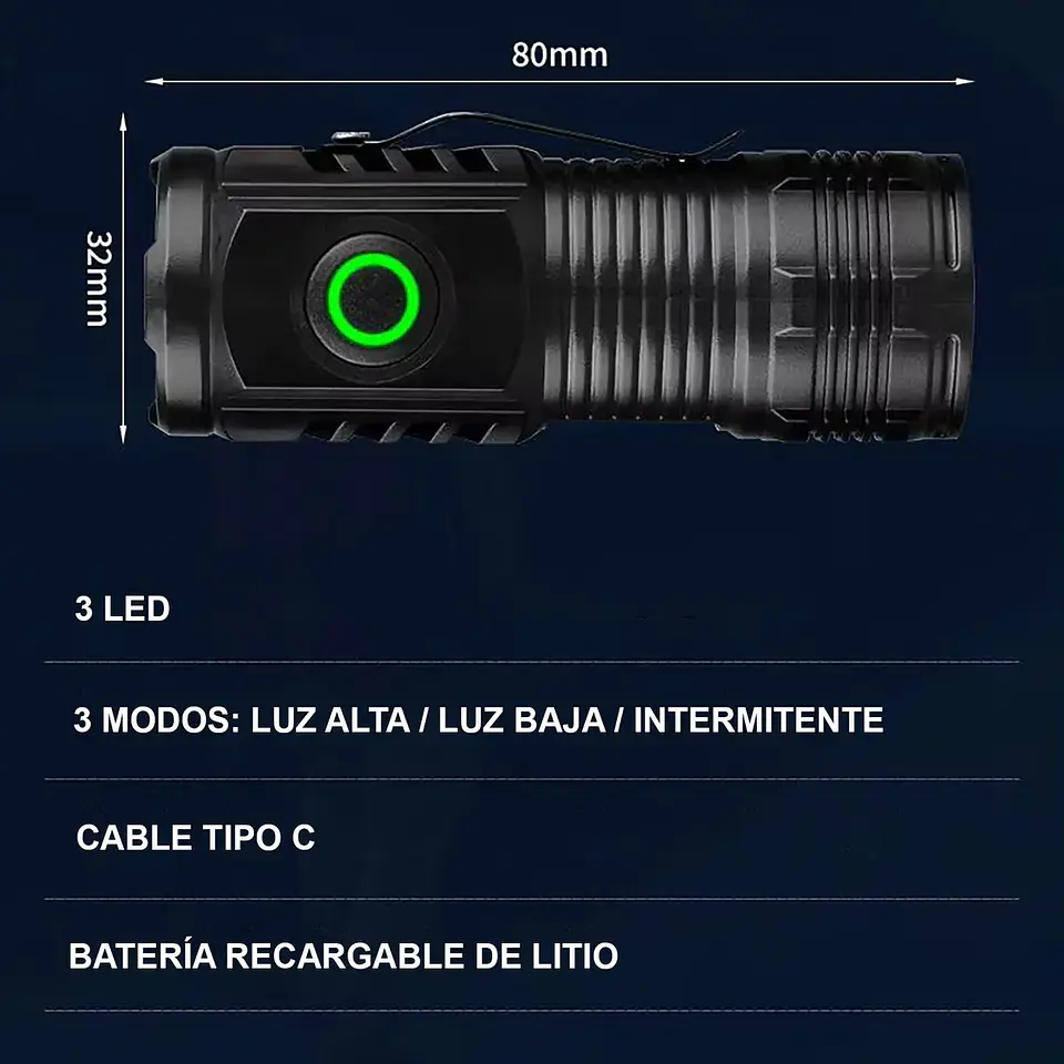 Mini Linterna Led Táctica Recargable Usb Tipo C 5