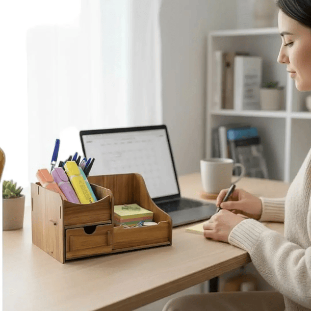Organizador De Escritorio Porta Lápices Color Madera 14 x 21 cm