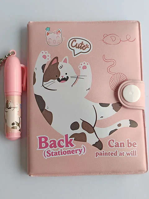 Mini Libreta Con Diseño De Gato Broche Y Lápiz 11 X 8 Cm