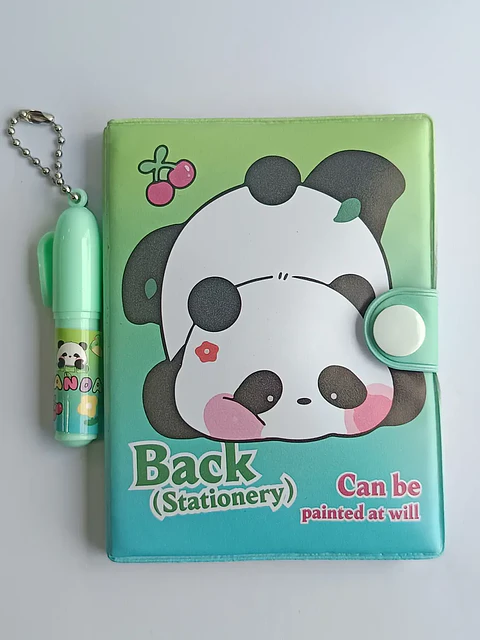 Mini Libreta Con Diseño De Panda Broche Y Lápiz 11 X 8 Cm