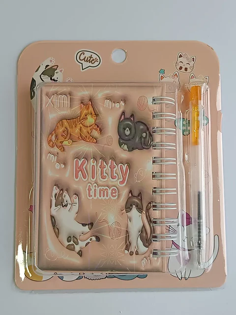 Mini Libreta Con Diseño De Gato Espiral y Lápiz 11 X 8 Cm