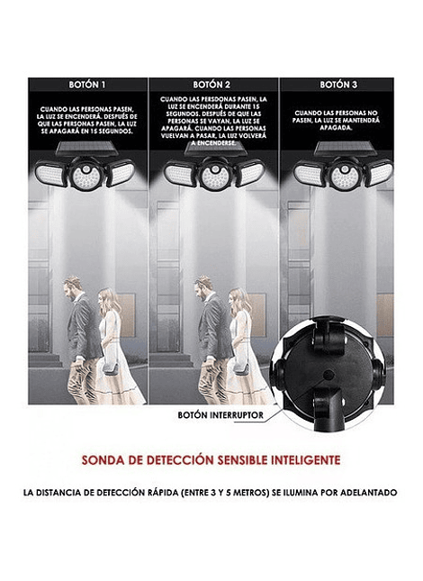 Luz Solar Foco Triple Cabezal Ajustable Sensor Movimientos