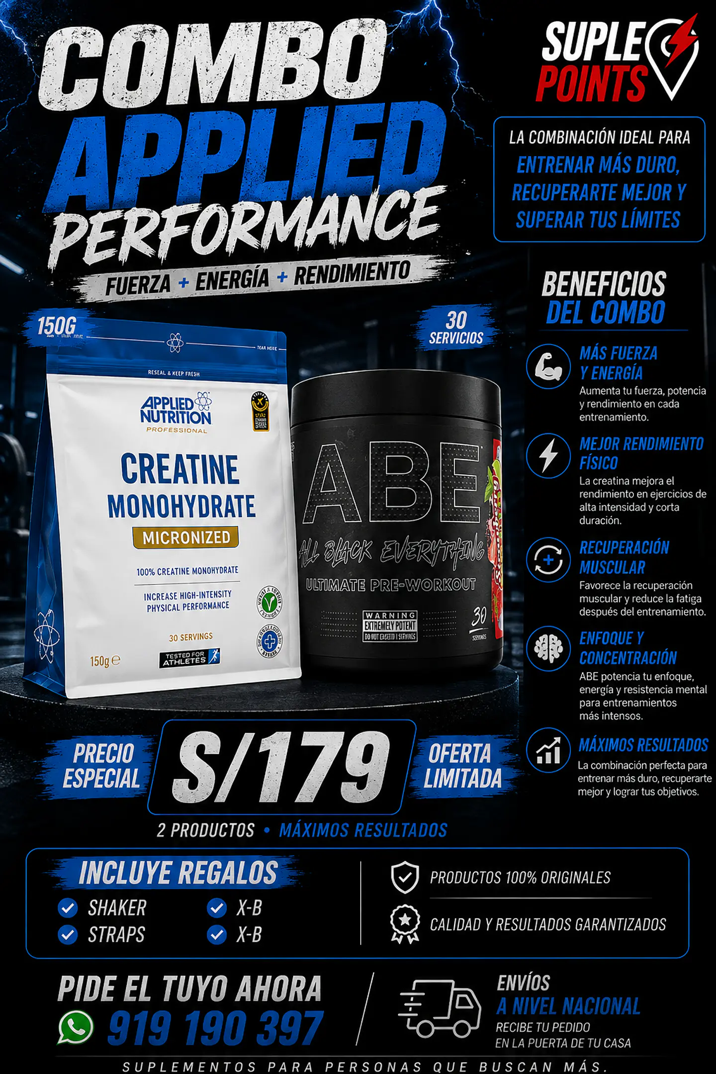 Combo Applied Nutrition Creatina 150g + Pre entreno ABE 1