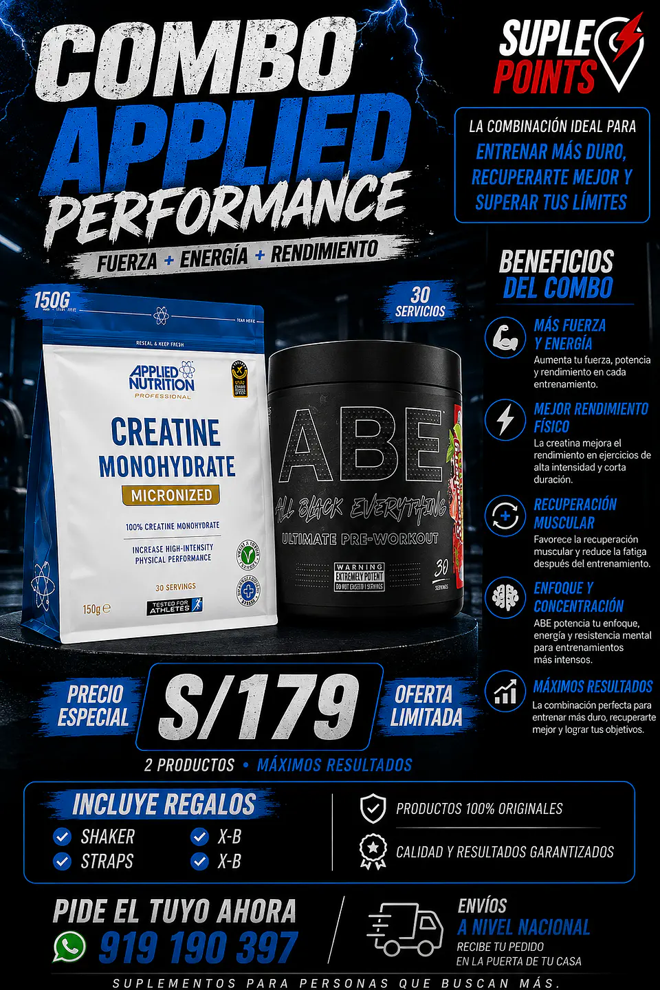 Combo Applied Nutrition Creatina 150g + Pre entreno ABE 1
