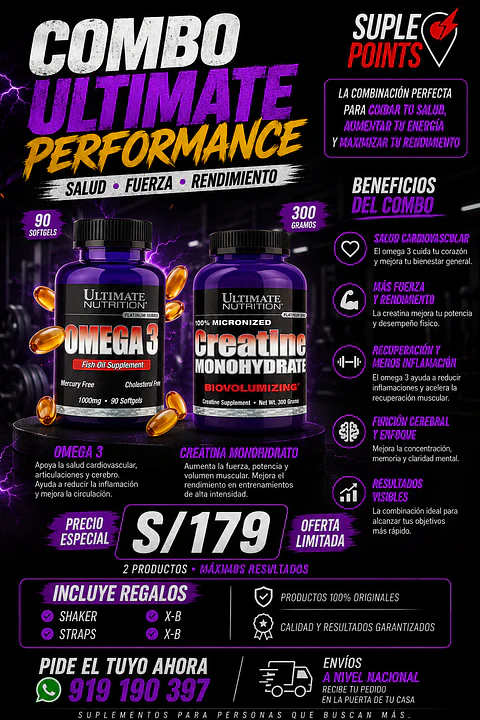 Combo Ultimate Nutrition Omega 3 90caps + Creatina 300g sin sabor