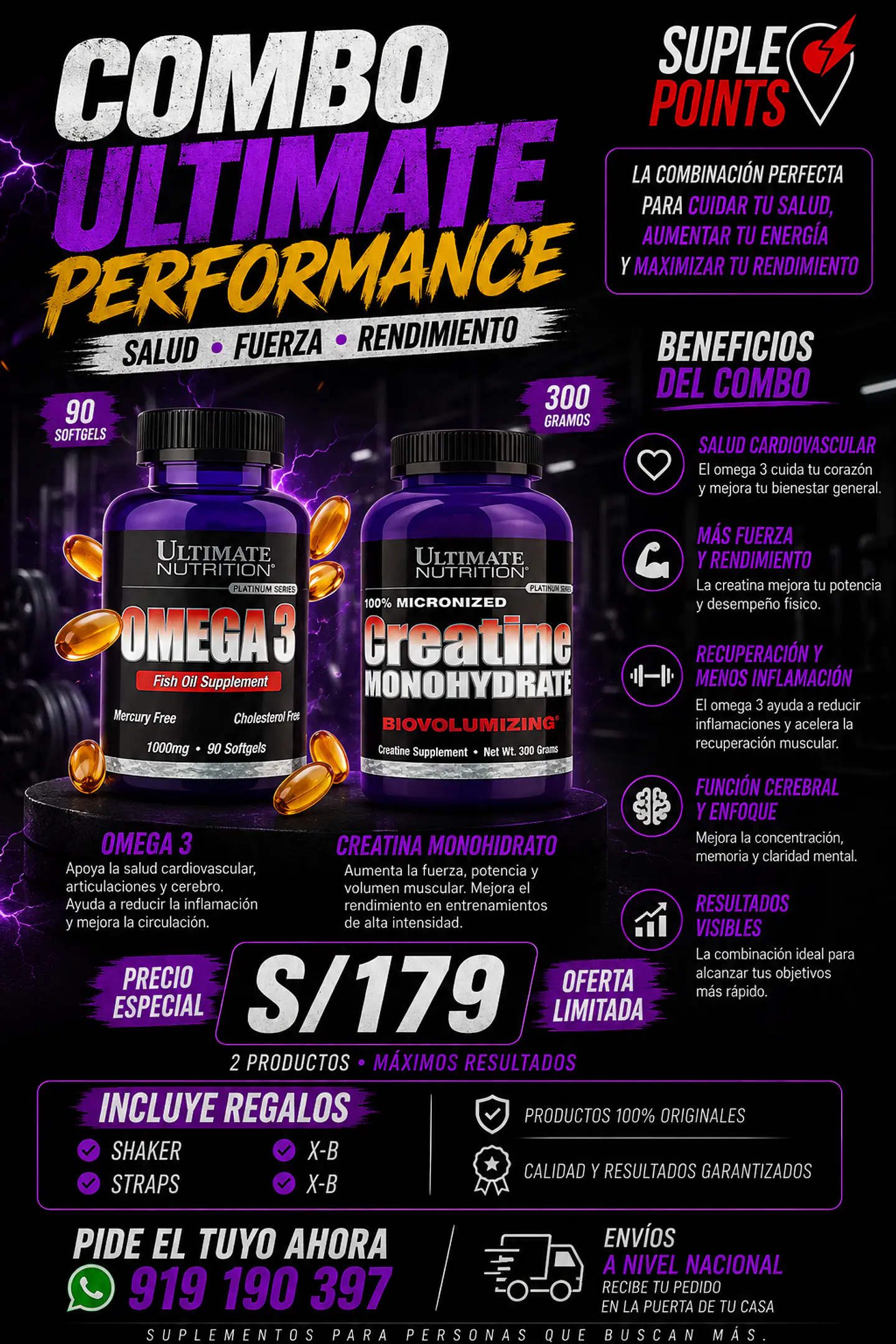 Combo Ultimate Nutrition Omega 3 90caps + Creatina 300g sin sabor 1