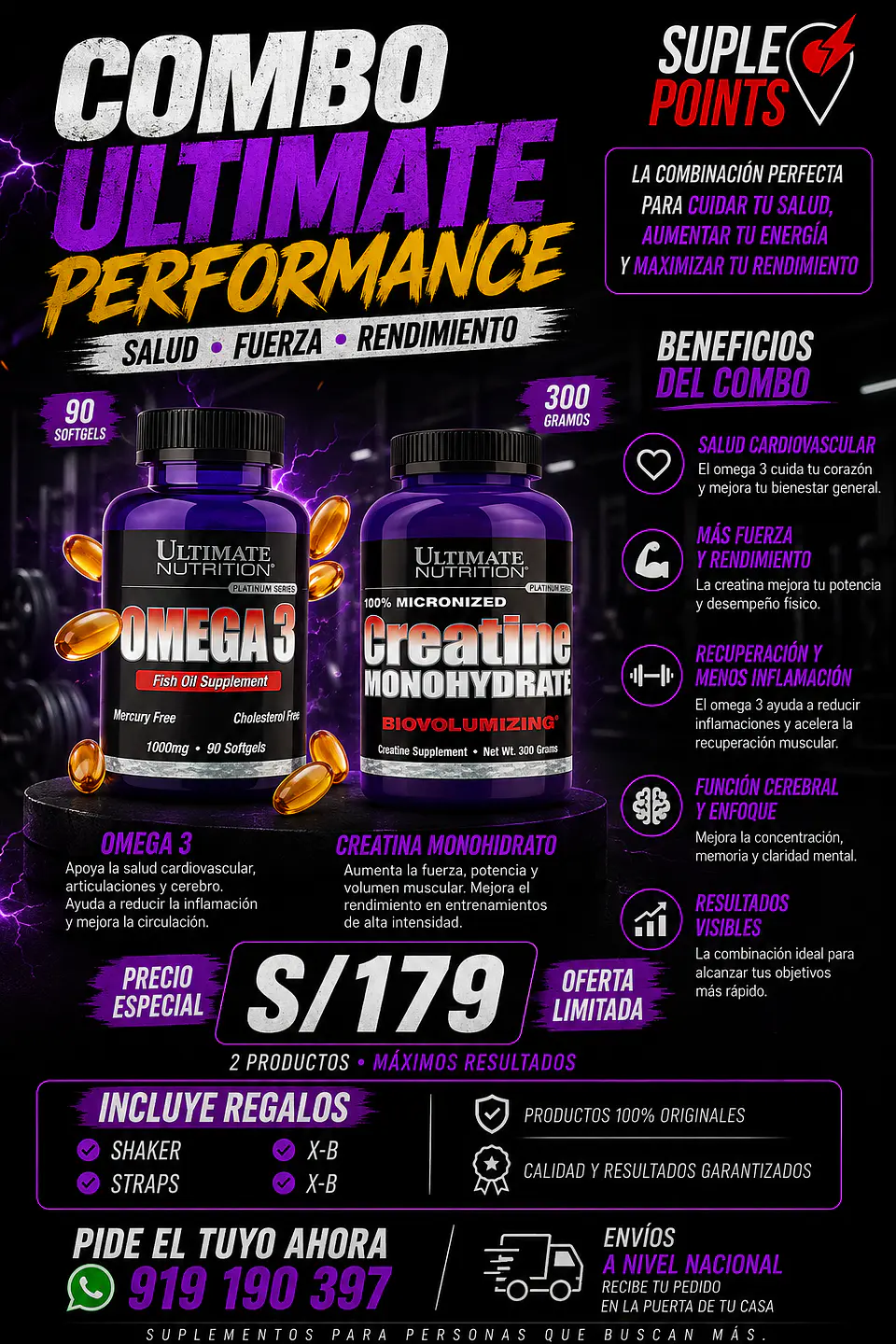 Combo Ultimate Nutrition Omega 3 90caps + Creatina 300g sin sabor 1