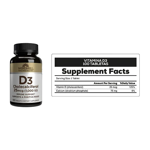 Vitamina D3 WINDMILL 25 mcg (1000IU) - 100 Tabletas