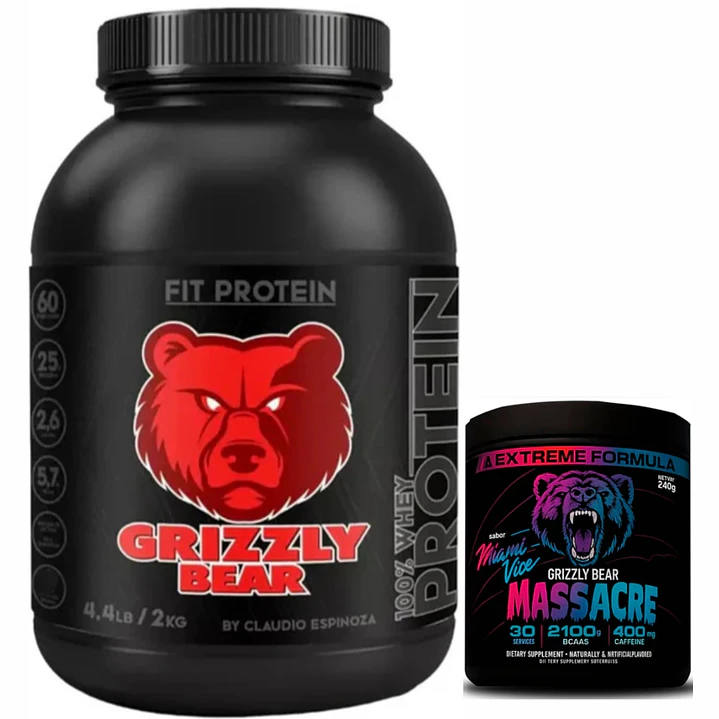 Pack Proteina Whey Grizzly Bear - 2 Kilos + Masacre Pre Workout 240gr  30 servicios 1
