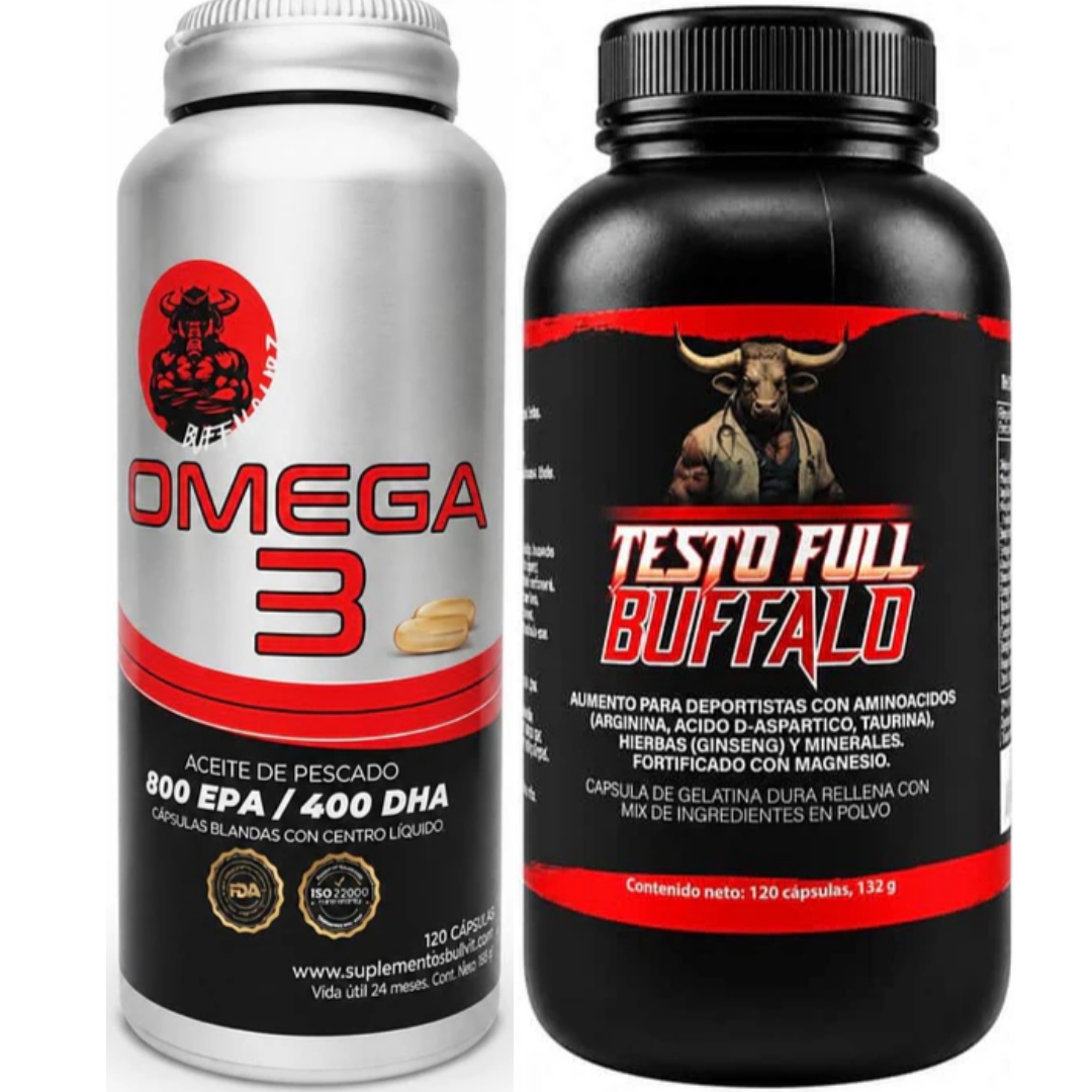 Pack Omega 3 Buffalo Labz 120 Cápsulas + Testo Full Buffalo 120 capsulas