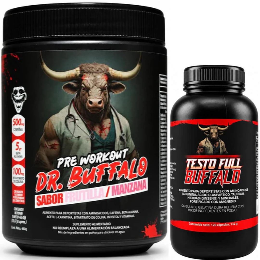 Pack Pre Workout Dr. Buffalo Labz 460gr 30 servicios + Testo Full Buffalo 120 capsulas