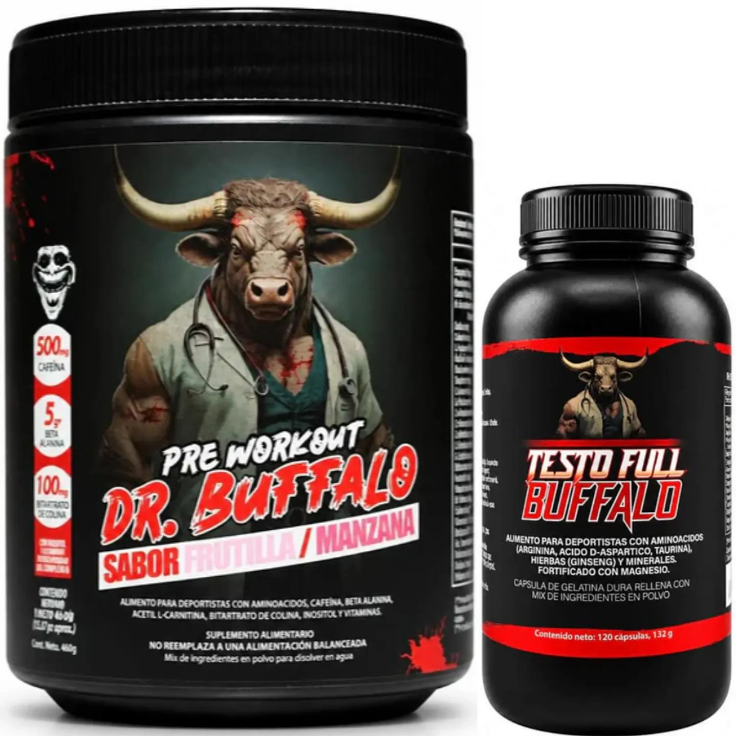 Pack Pre Workout Dr. Buffalo Labz 460gr 30 servicios + Testo Full Buffalo 120 capsulas 1