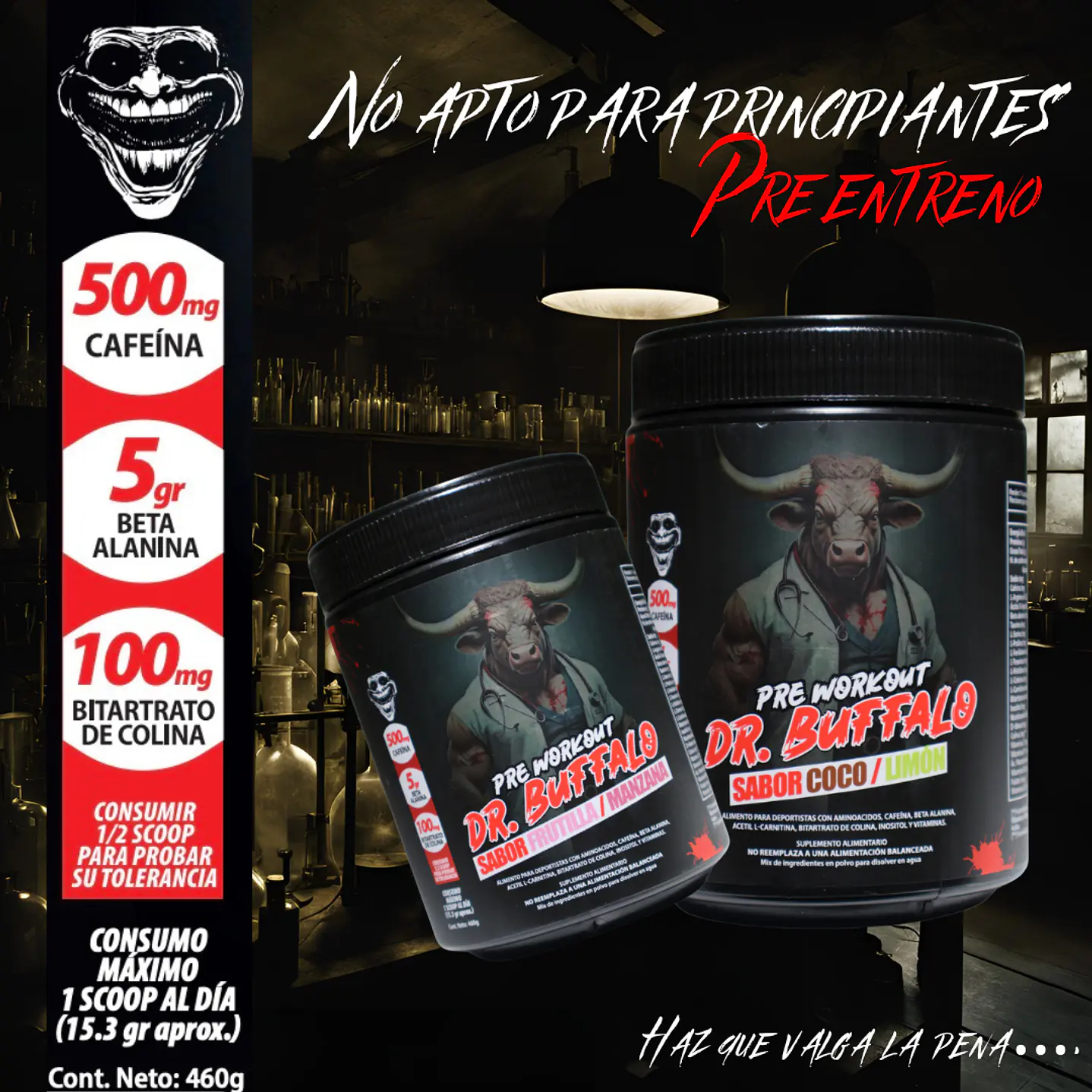 Pack Pre Workout Dr. Buffalo Labz 460gr 30 servicios + Testo Full Buffalo 120 capsulas 4