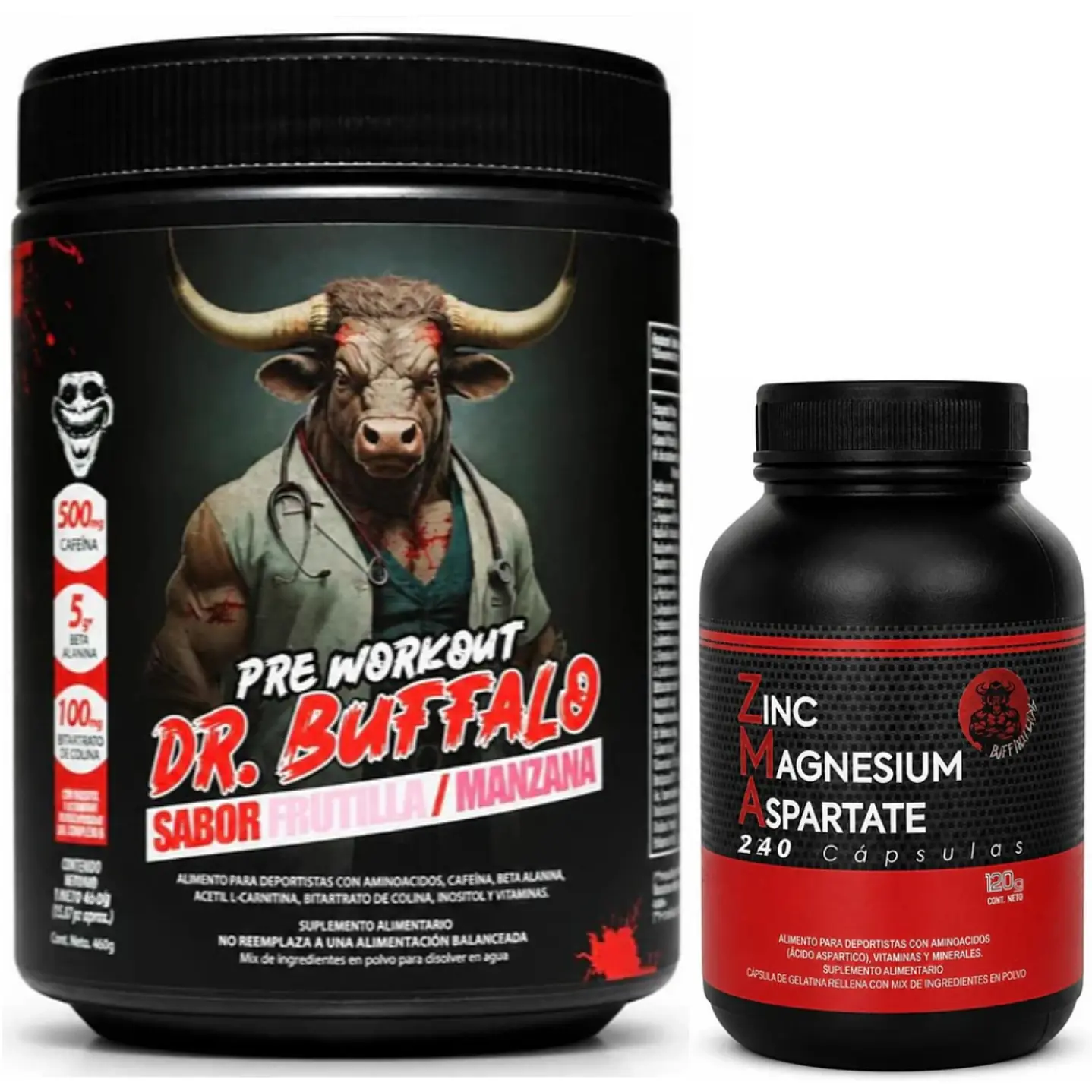 Pack Pre Workout Dr. Buffalo Labz 460gr 30 servicios + ZMA Buffalo Labz 240 cápsulas 1