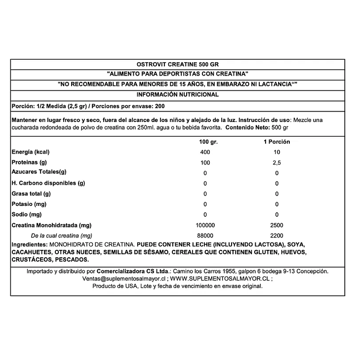 CREATINA Ostrovit Monohydrate – 500 grs / 200 servicios 2
