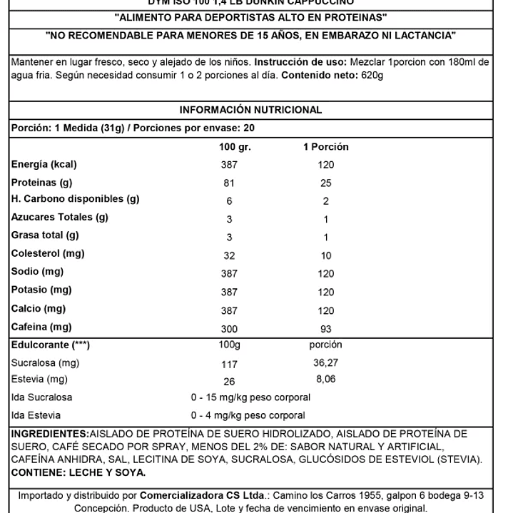 ISO 100 Dunkin 1.4 Lb Edición Limitada  Cappuccino 20serv 2
