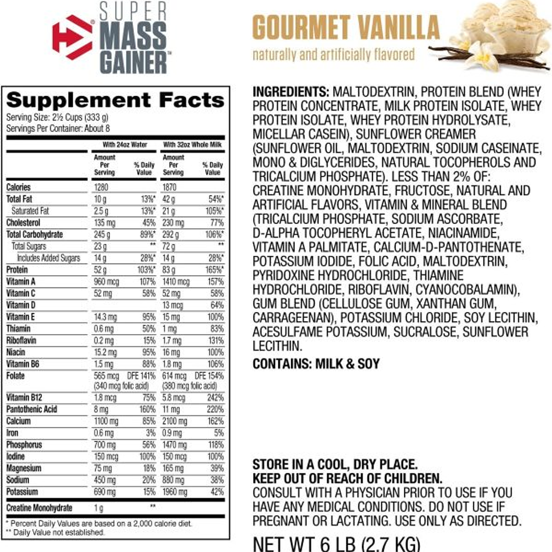 Super MASS GAINER – 12 lbs / 16 servicios, gourmet vainilla 2