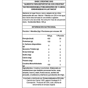 Creatina Basic 300 Grs Sin sabor 60 servicios