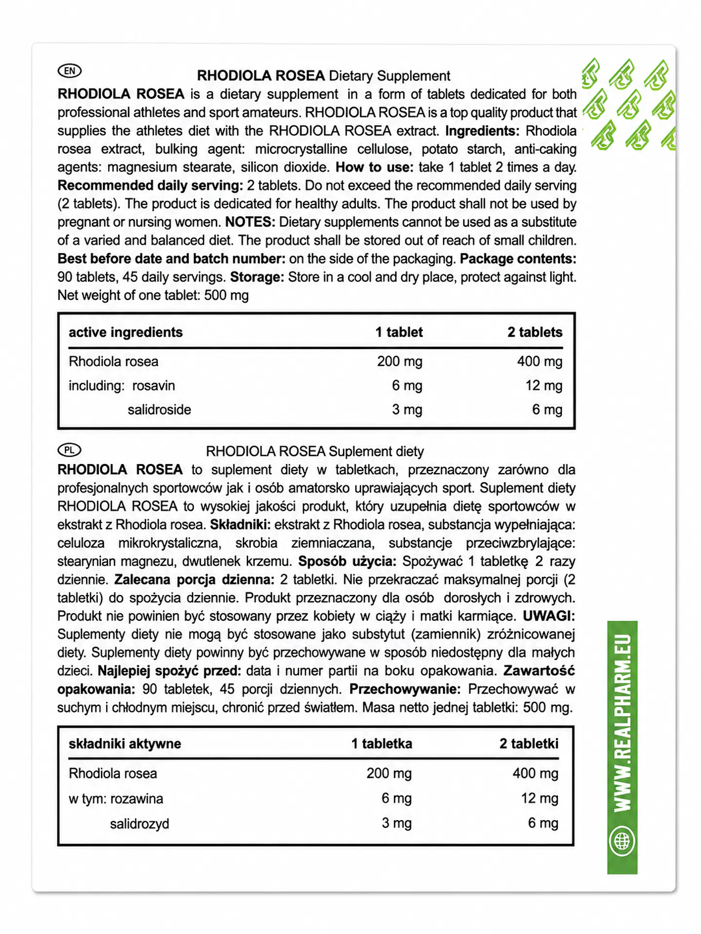 Rhodiola Rosea 90 tabletas Real Pharm 2