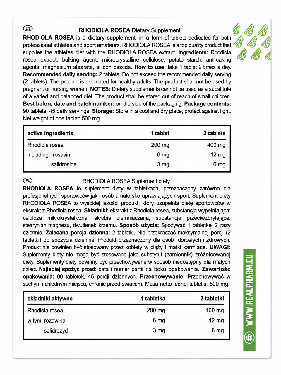 Rhodiola Rosea 90 tabletas Real Pharm 2