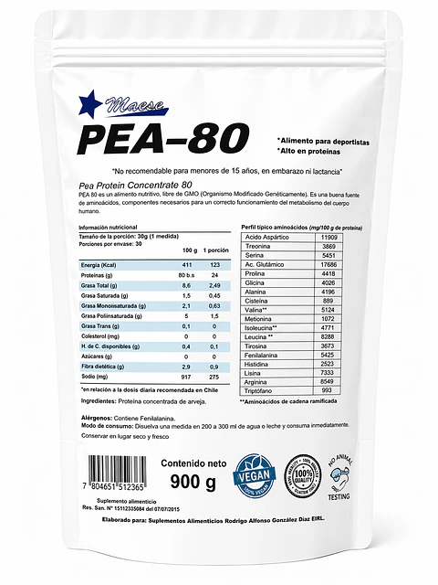 PEA-80 Proteína Concentrada de Arveja Vegana Sin Sabor 900g Maese