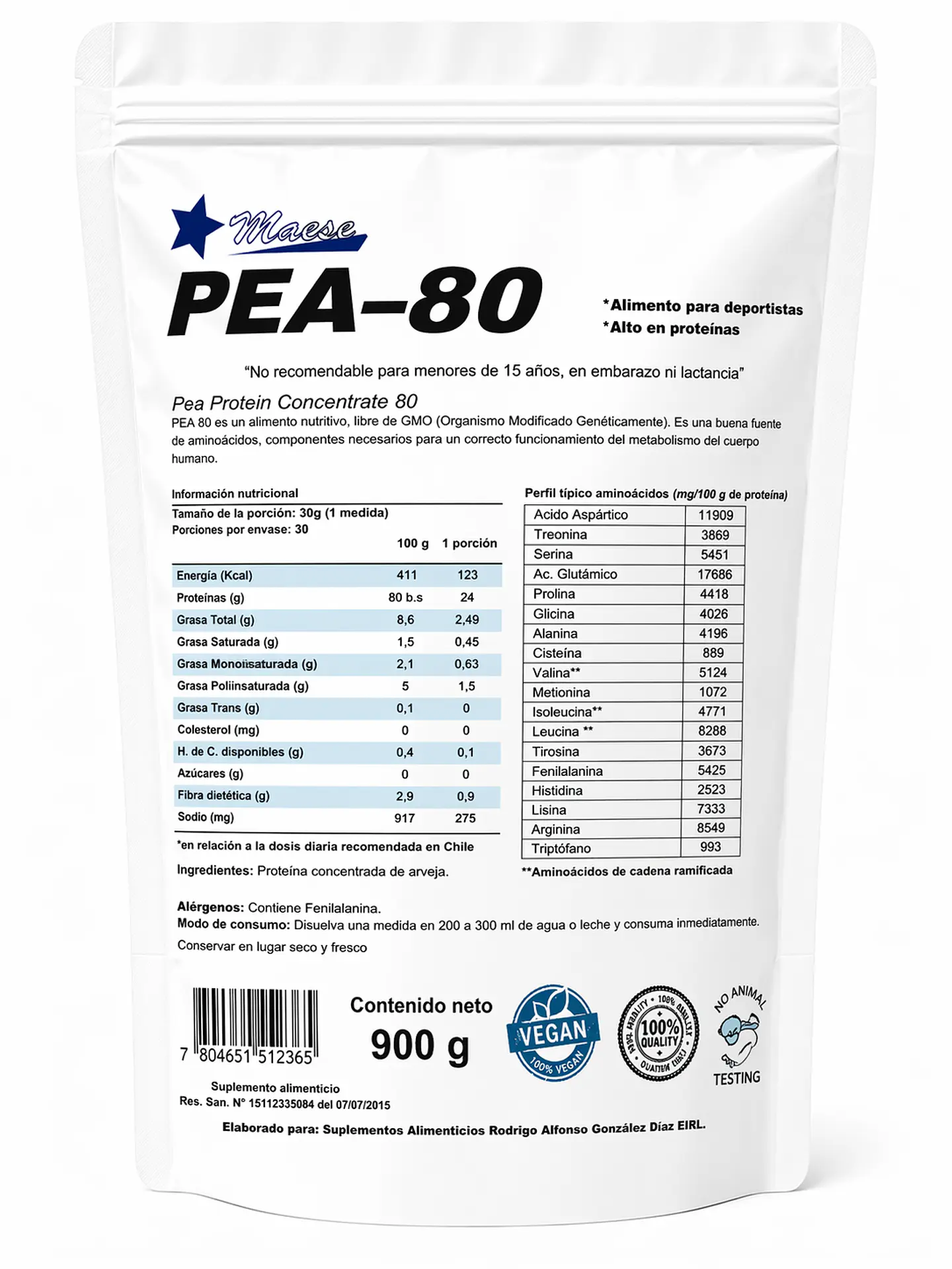 PEA-80 Proteína Concentrada de Arveja Vegana Sin Sabor 900g Maese 1