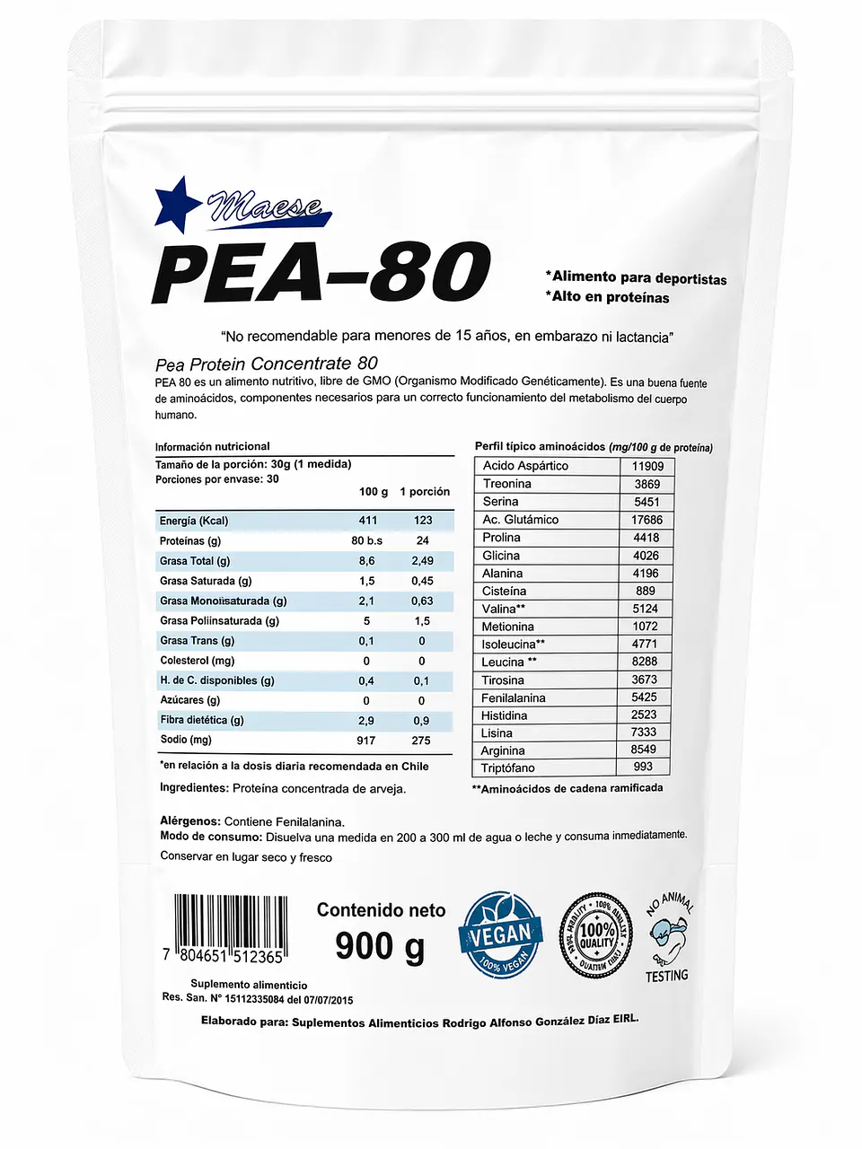 PEA-80 Proteína Concentrada de Arveja Vegana Sin Sabor 900g Maese 1